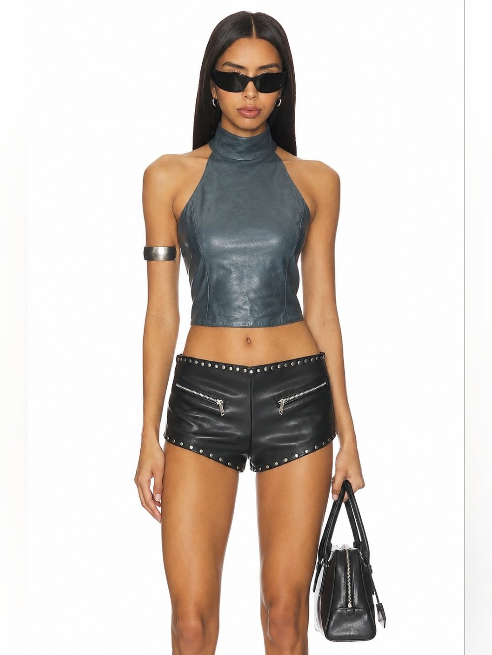 Y2K FIDEL Gray Leather Halter Open Back Crop Top XS